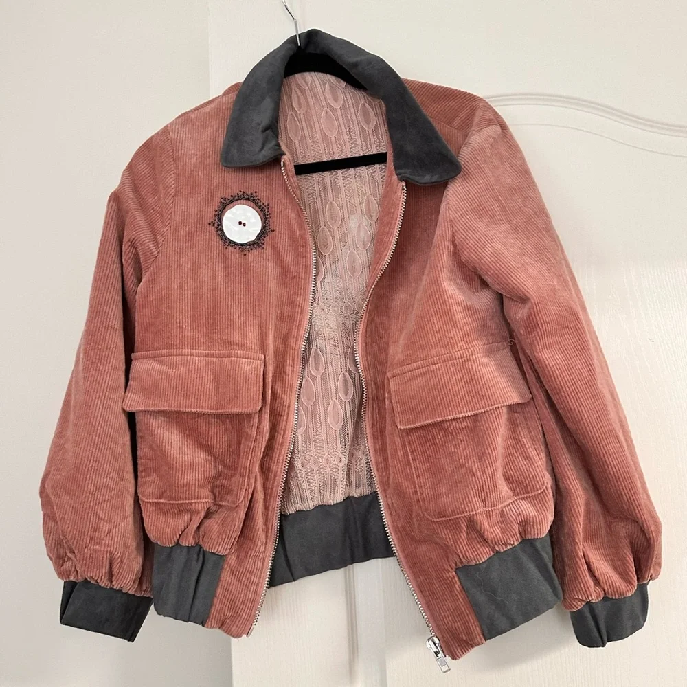 Corduroy Bomber Jacket in Pink and Gray - Picture 1 of 7